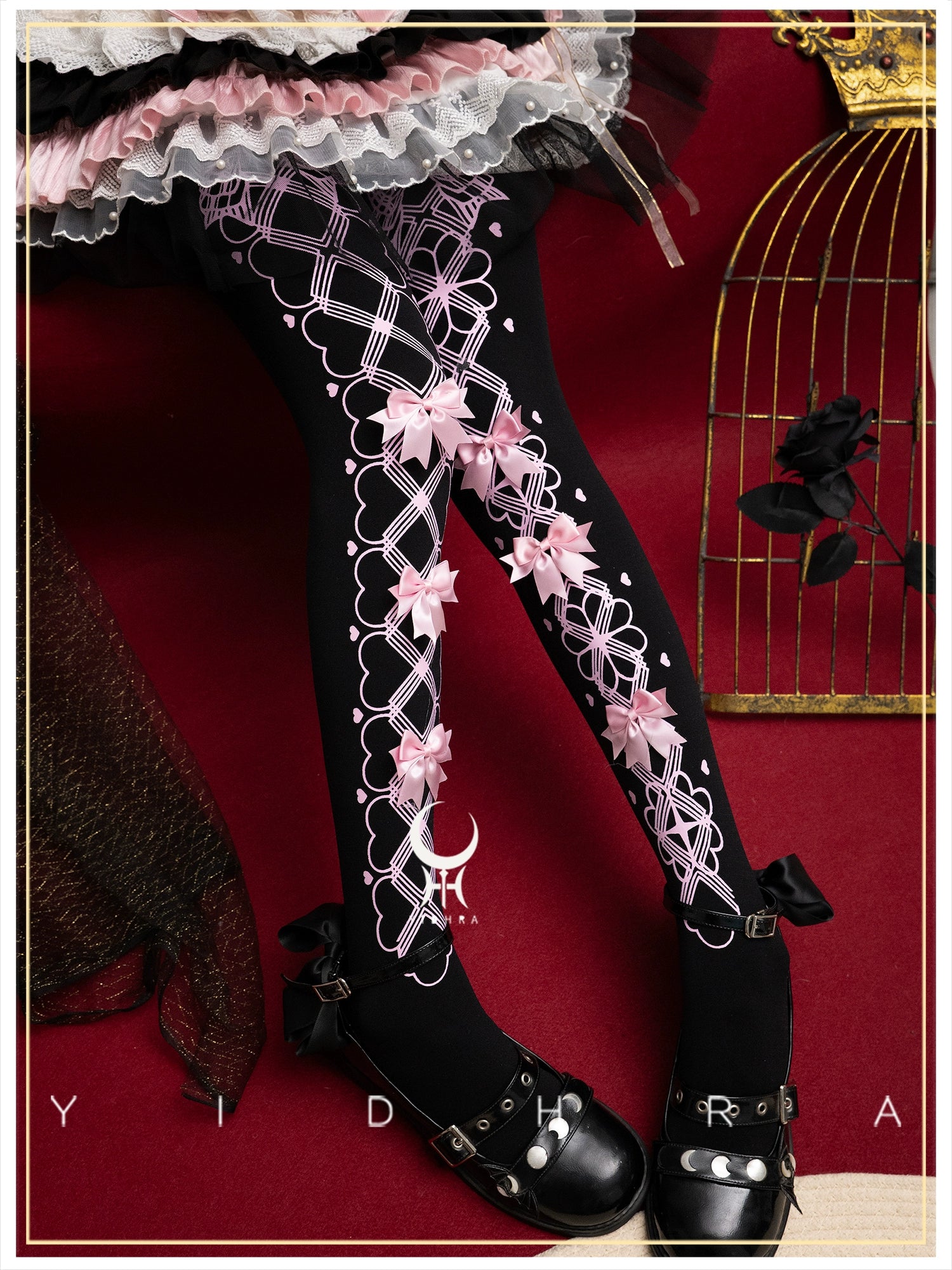 Yidhra - Witch 2.0 - Printed Lolita Pantyhose, Gorgeous Style 120D - Black with Pink Bow (pre order)
