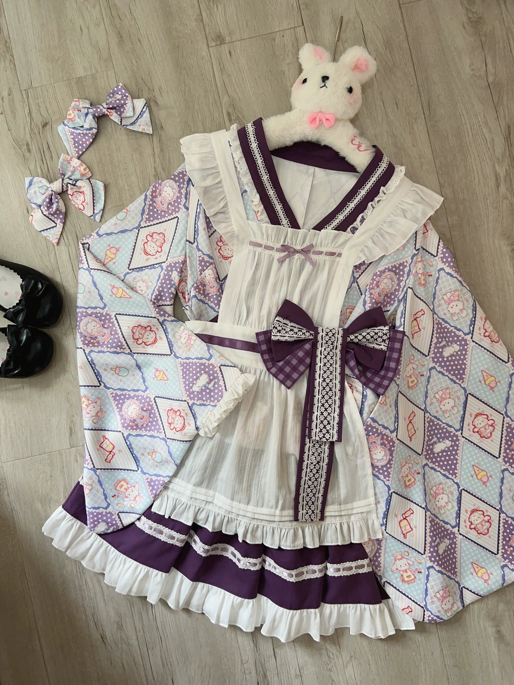 Sugar Girl - Showa Sweetness - Maid Wa Lolita Skirt Set Cute Summer Lolita Bow Apron S Red skirt + top + apron + waist bow