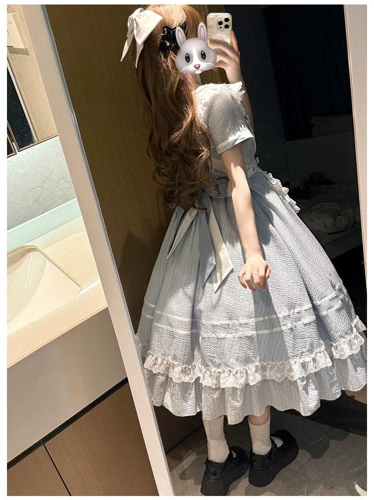Seven-Day Bell - Blue Classic Lolita Striped OP Dress, Sailor Collar