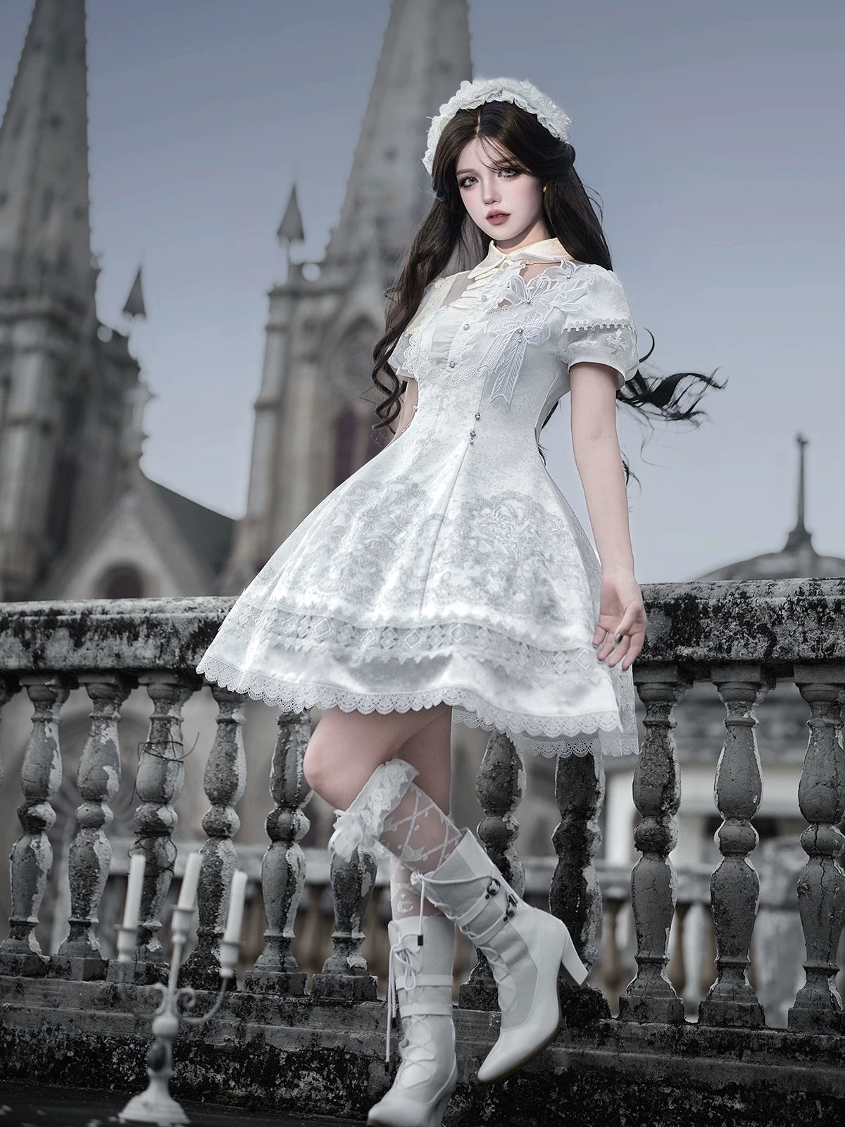 White Classic Lolita Printed OP Dress with Cross