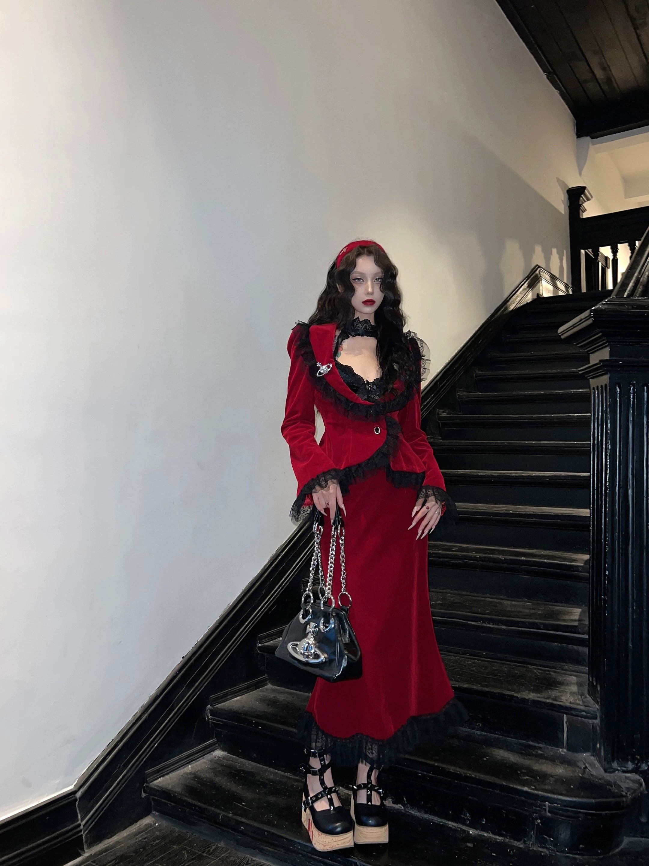 BLACKLIST - Poisonous Apple - Christmas Lolita Dress Bungundy Fishtail Skirt Set S burgundy jacket only