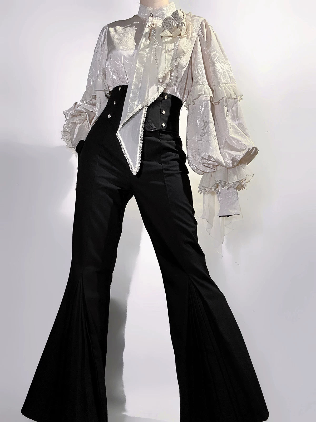 Rose and Sword - Ouji Lolita Jacquard Blouse & High Waist Pants Suit 45502:851291