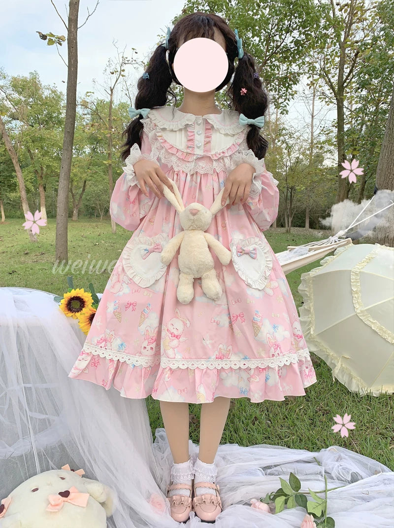 Sweet Soft Bunny - Printed Sweet Lolita OP Dress, Bunny Ears 44863:826553