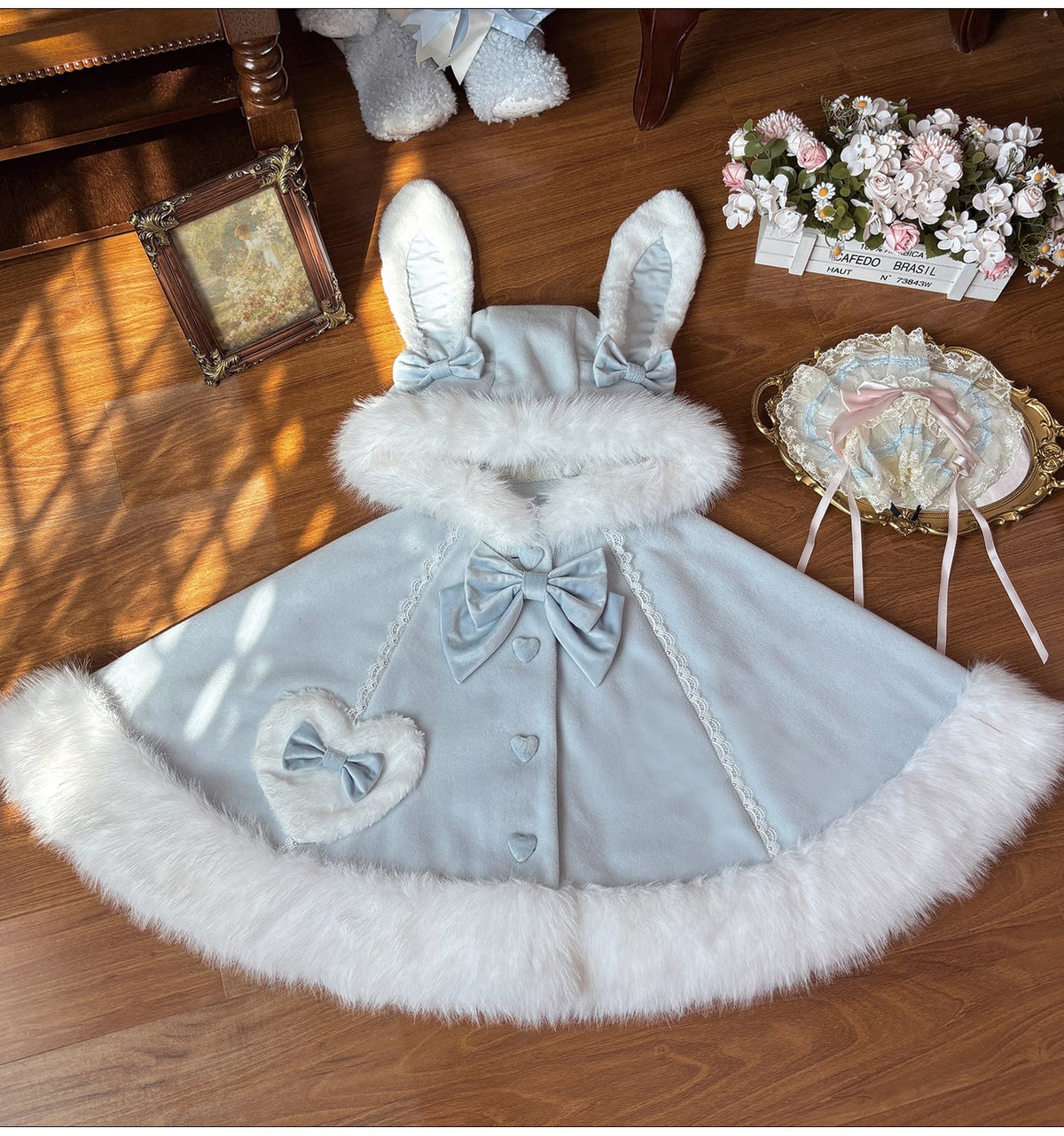 Floppy Bunny Ear -Sweet Lolita Winter Fleece-Lined Cape Coat with Bunny Ears
