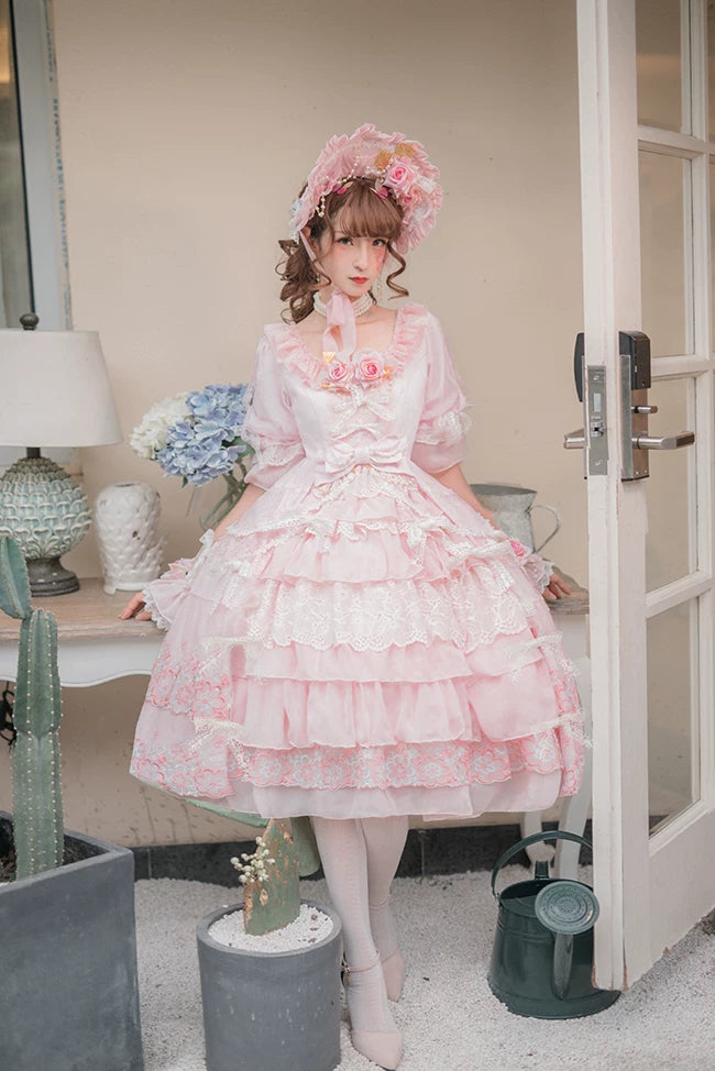 Dawn Wedding - Sweet Lolita OP Dress, Layered Hem Pink - OP + 1 Waist Tie + 1 Waist Bow + 8 Hem Bows L