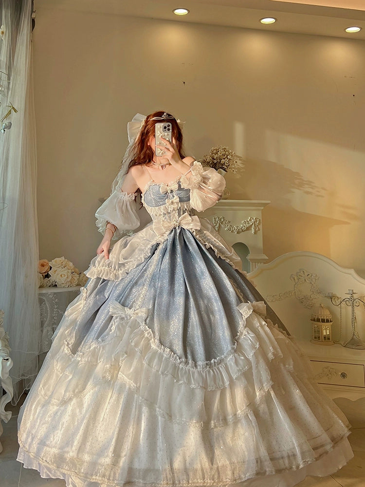 Guaji - Cinderella - Sparkling Lolita Dress Gorgeous Wedding Dress S Light-colored long dress with veil, tulle trailing, and puffy sleeves