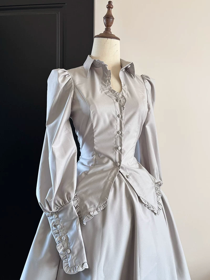 Shadow Hymn - Gothic Lolita Solid Shirt & Skirt, Side Zipper Light-gray - Shirt S