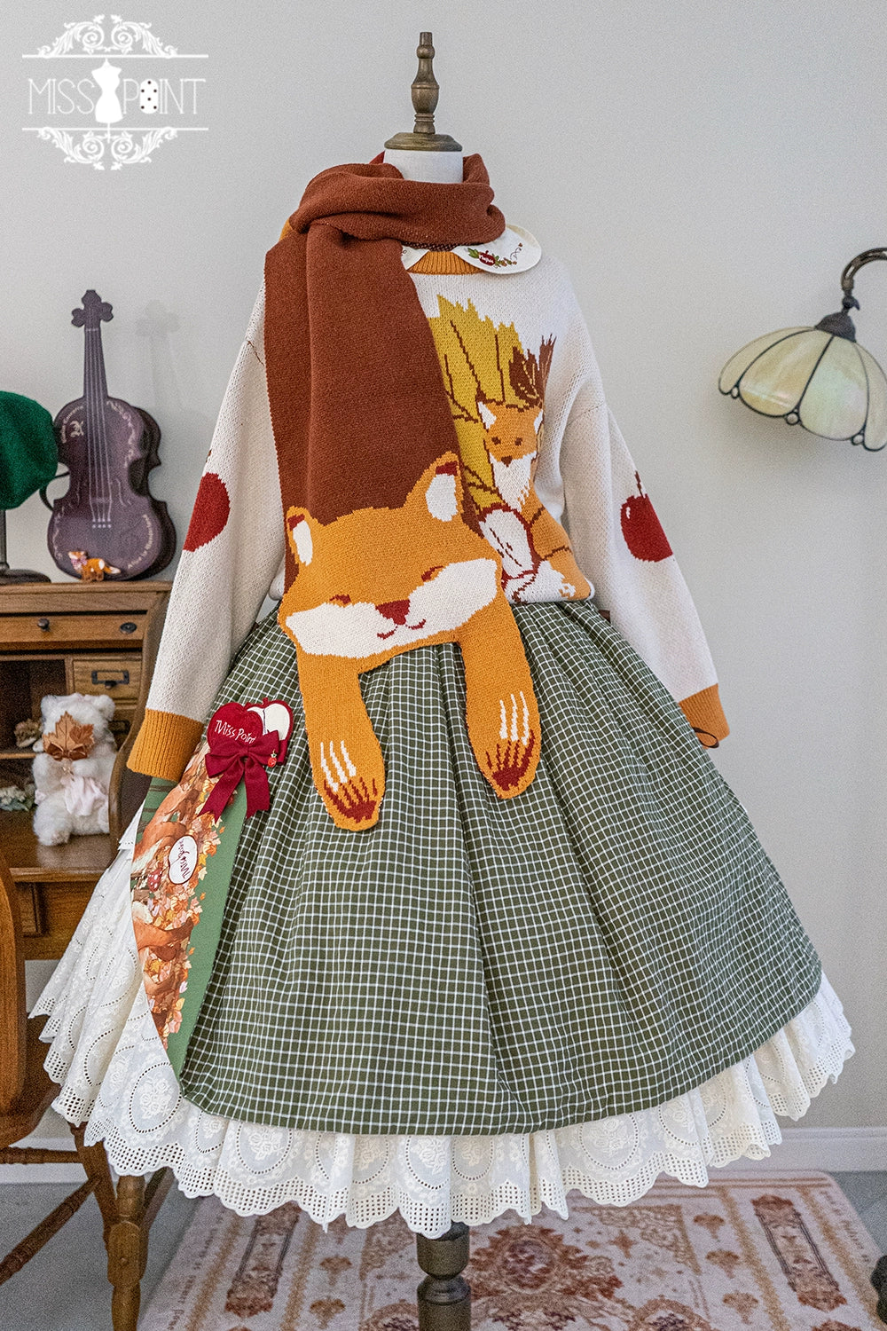 (BFM)Miss Point~Fat Fox in the Forest~Kawaii Lolita Accessories Knitted Fox Scarf Embroidered Faux Collar Free size Fox scarf 37116:551872