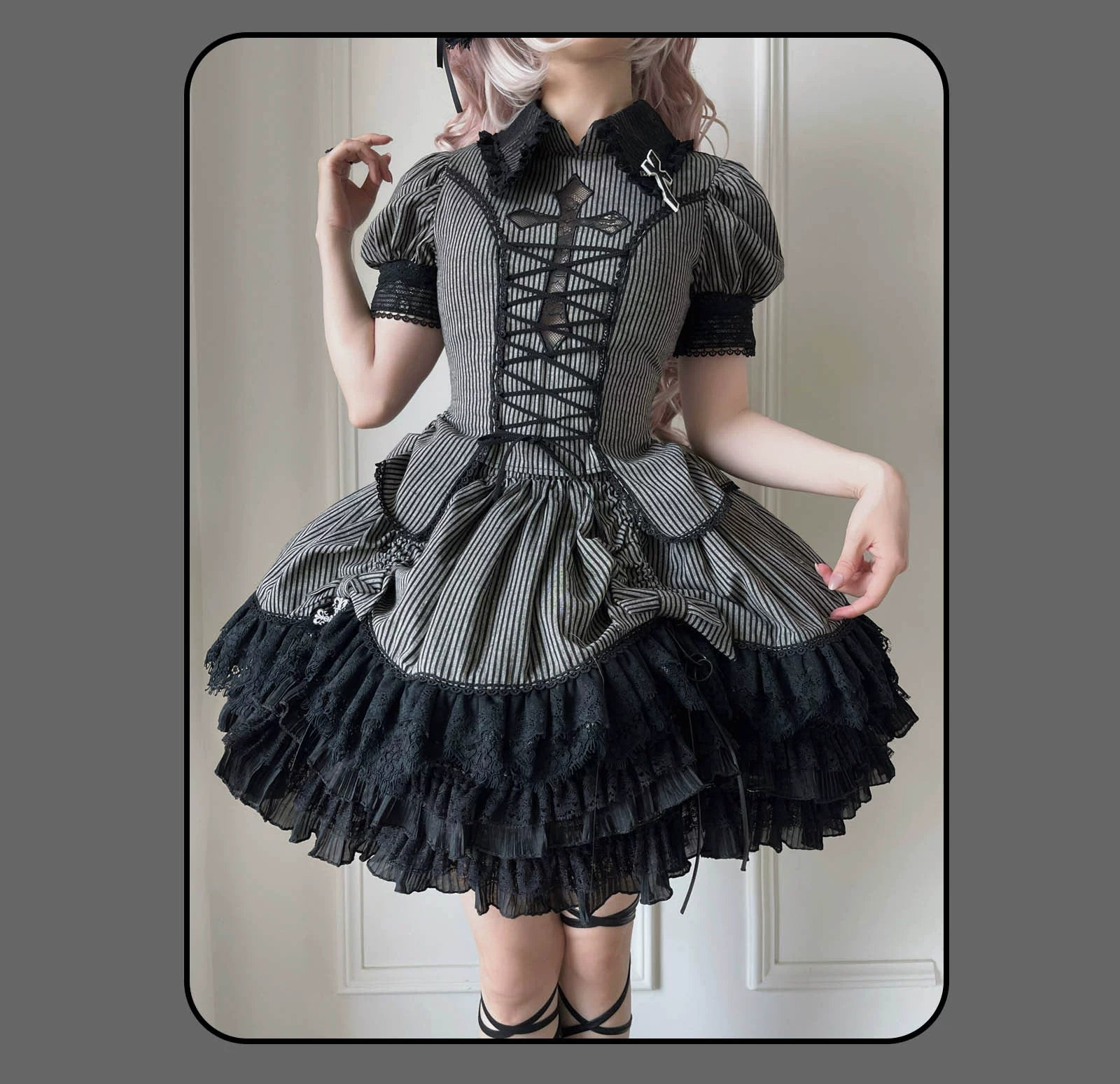 Striped Cross - Gothic Coordinated Lolita Set, Adjustable Blouse & Skirt