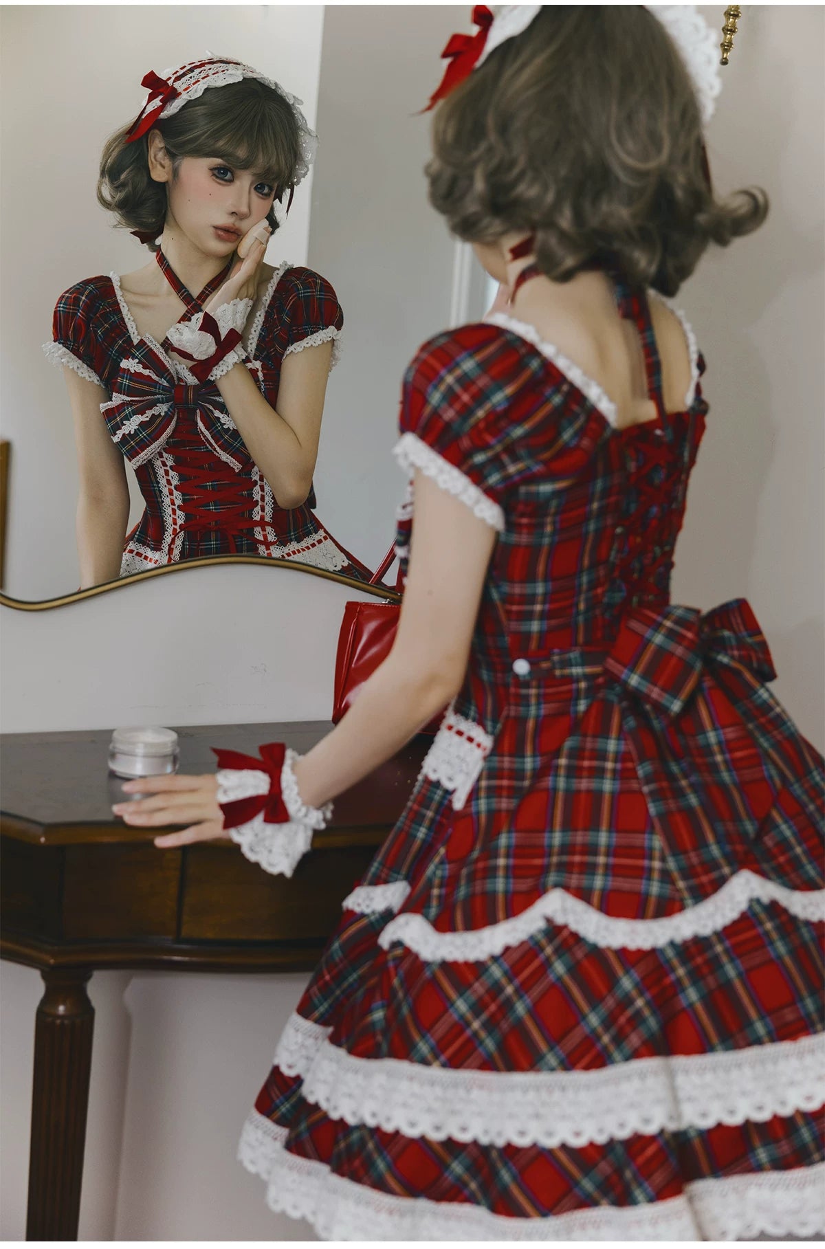 Showa Sweetheart - Old School Lolita OP Dress, Ruffled Lace Hem 45887:866781