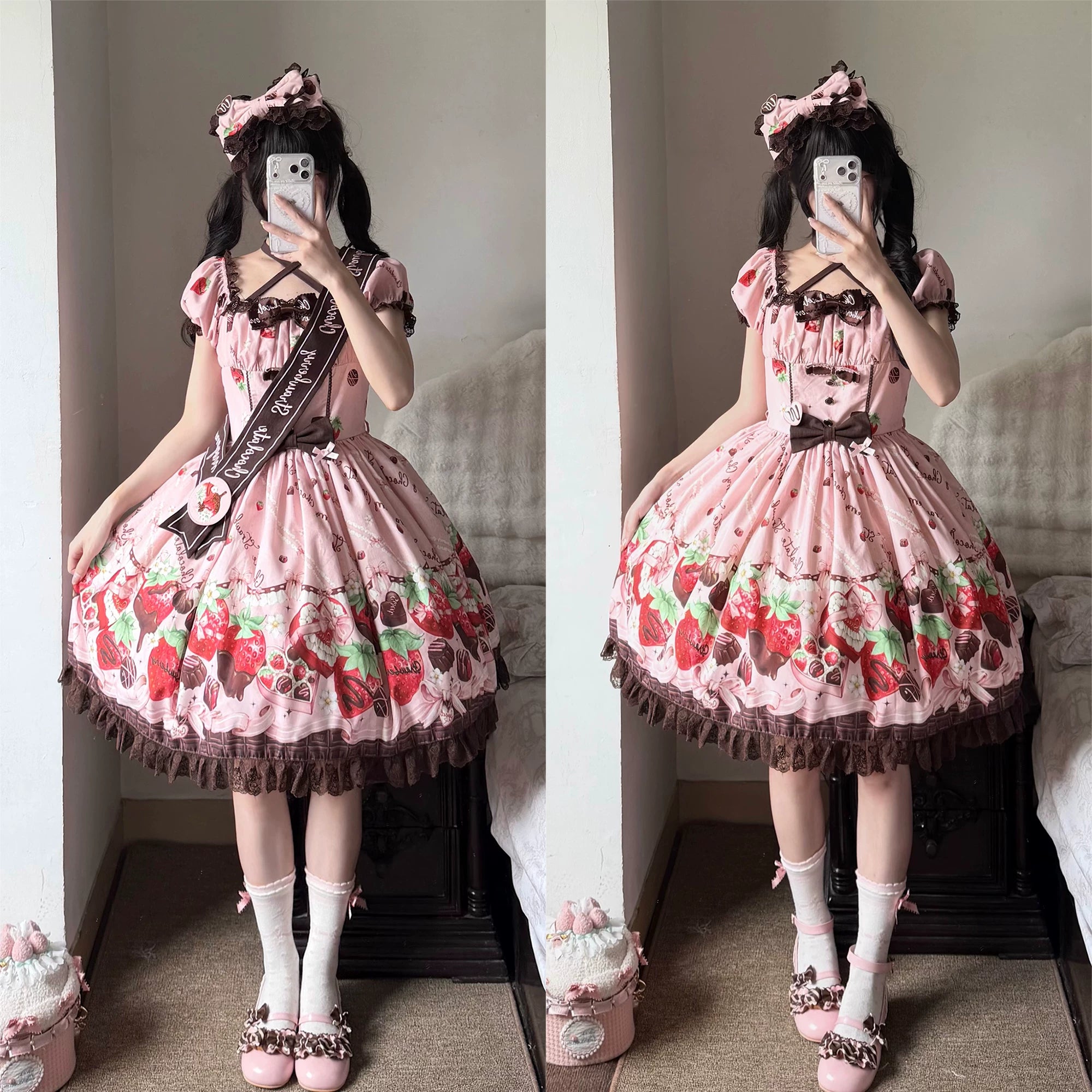 Strawberry Chocolate Lovers - Kawaii Lolita Embroidered Printed Dress 44882:840985