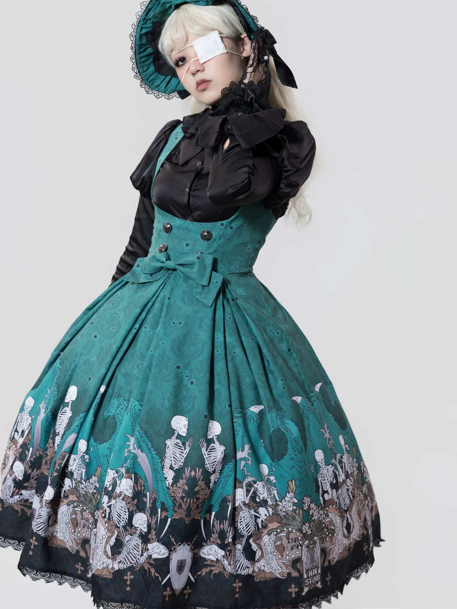 Dragon Bone Lily - Vintage Gothic Lolita Dragon & Skeleton Print JSK Dress 45283:844473