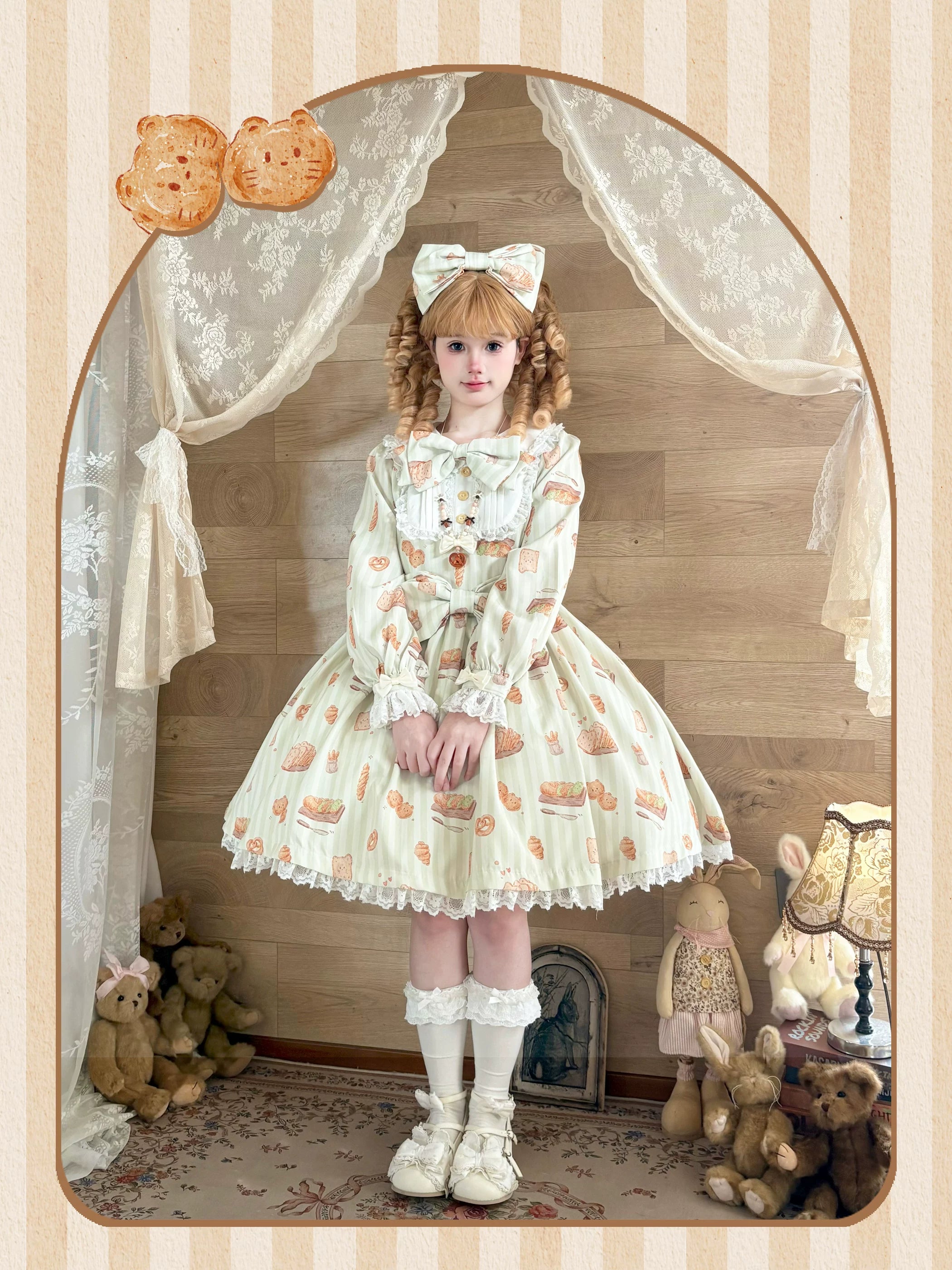Kitten Bread - Sweet Lolita OP Dress, Cat & Bread Print