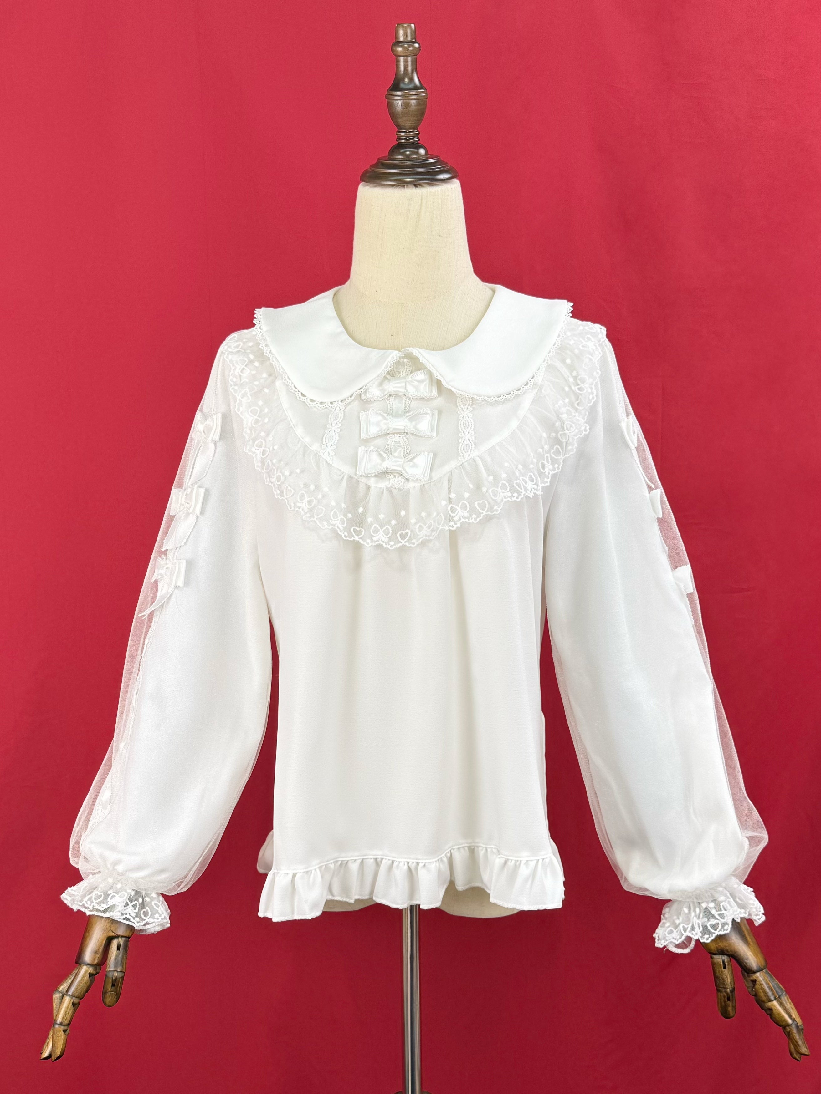 DMFS Lolita - Sweet Lolita Blouse with Double-Layered Tulle Lantern Sleeves Milky white blouse - white bows S