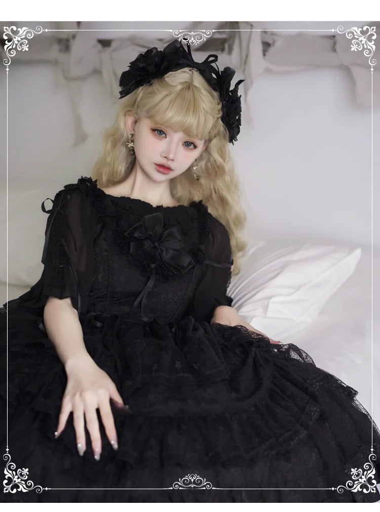 Eieyomi - Iris Love - Elegant Black Lolita JSK Dress, Short Sleeve 44383:806054