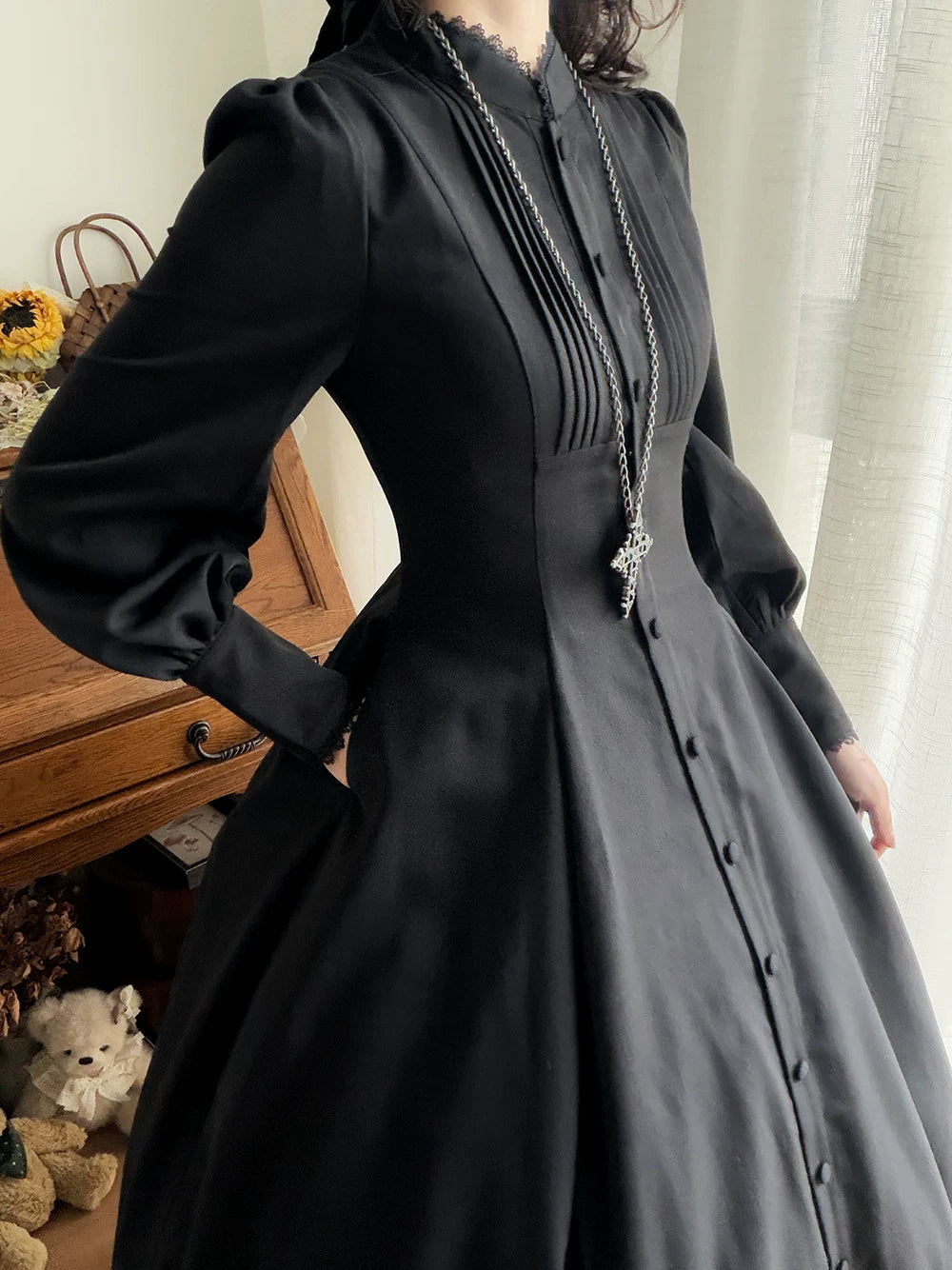 Astrea - Black Classic Lolita Long OP Dress, Side Pockets