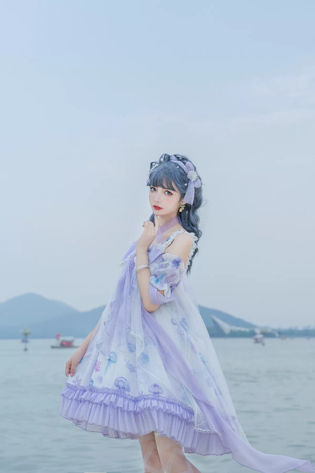 Coral Jellyfish - Sweet Lolita High-waist JSK Dress, Jellyfish & Coral Print 44906:827430