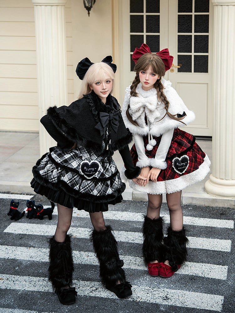 With PUJI - Snow Night Serenade - Fluffy Plaid Kawaii Lolita JSK, Reversible Cape 44279:802357