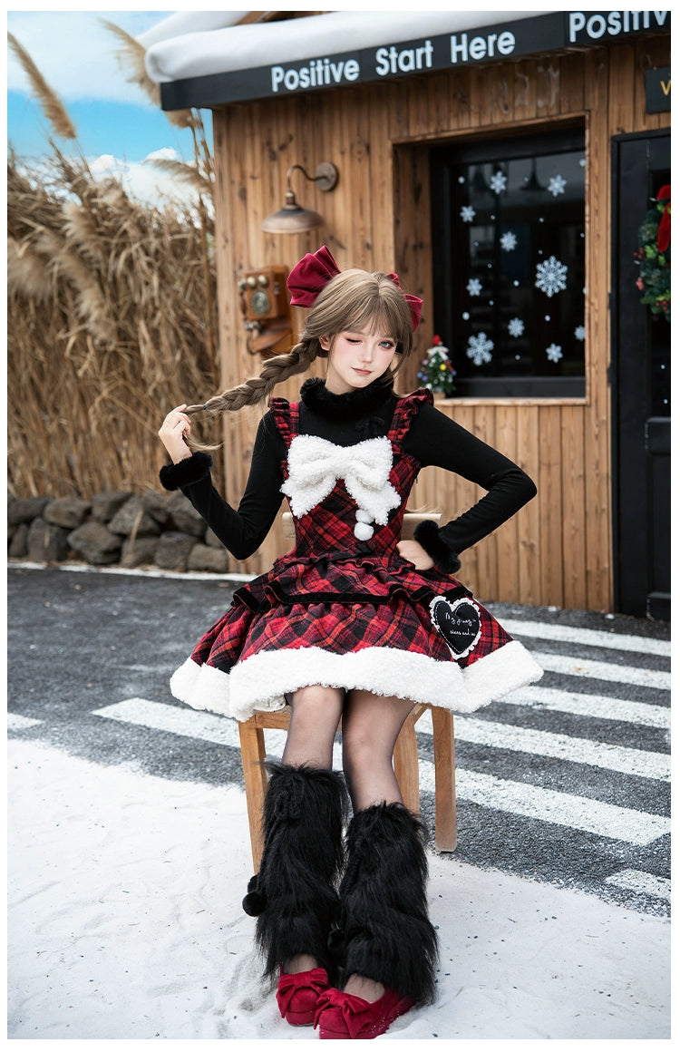 With PUJI - Snow Night Serenade - Fluffy Plaid Kawaii Lolita JSK, Reversible Cape 44279:802342