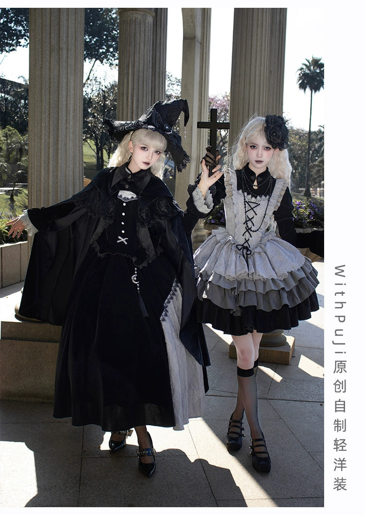 With Puji - Innocent Talk - Halloween Chinese Style Lolita OP Black-silver Gray Dress