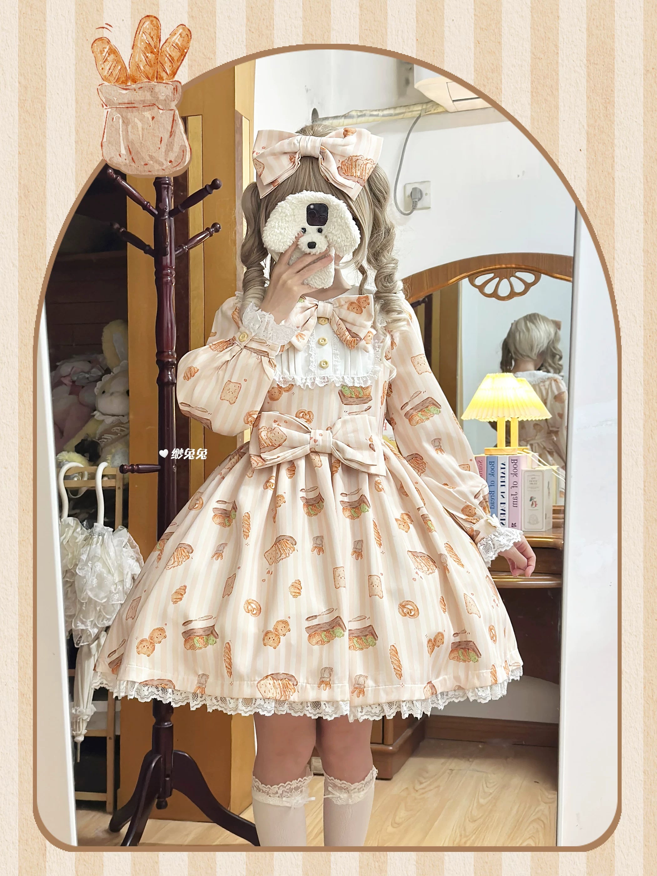 Kitten Bread - Sweet Lolita OP Dress, Cat & Bread Print
