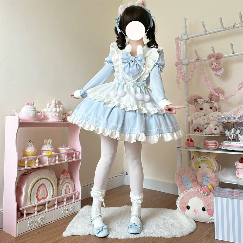 Sweet Bunny Pom-pom - Maid Lolita Bunny Ear Collar OP Dress, Detachable Apron Blue - (Short Sleeve OP + Apron + A Pair of Detachable Sleeves) S
