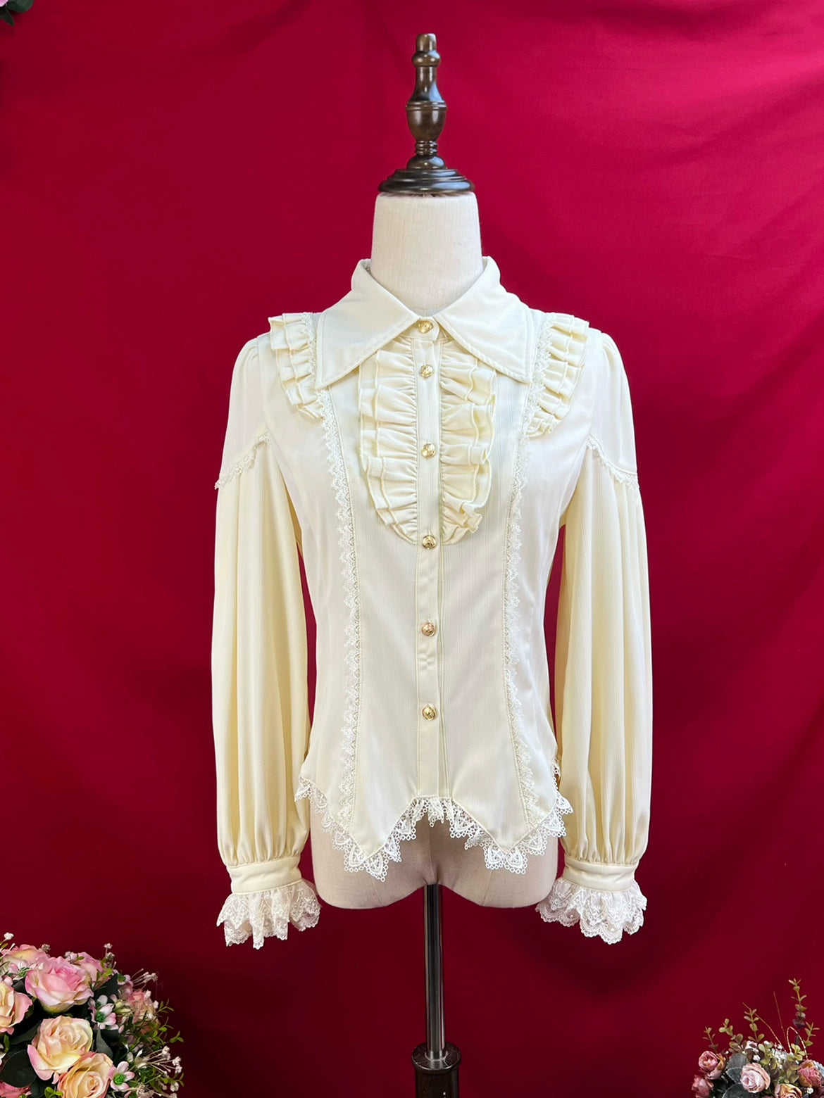 DMFS Lolita - Night Banquet - Pointed Collar Classic Lolita Shirt, Long Sleeve Apricot S