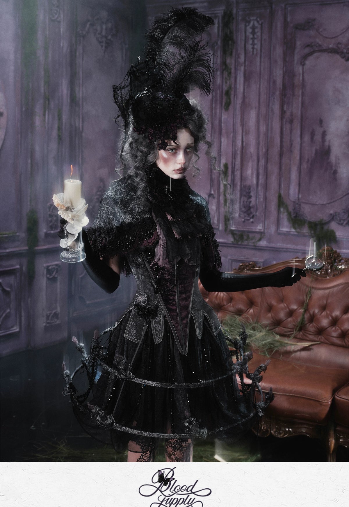 Undead's Gift - Halloween Gothic Lolita Sailboat Top Hat, Feather & Lace 46022:872801