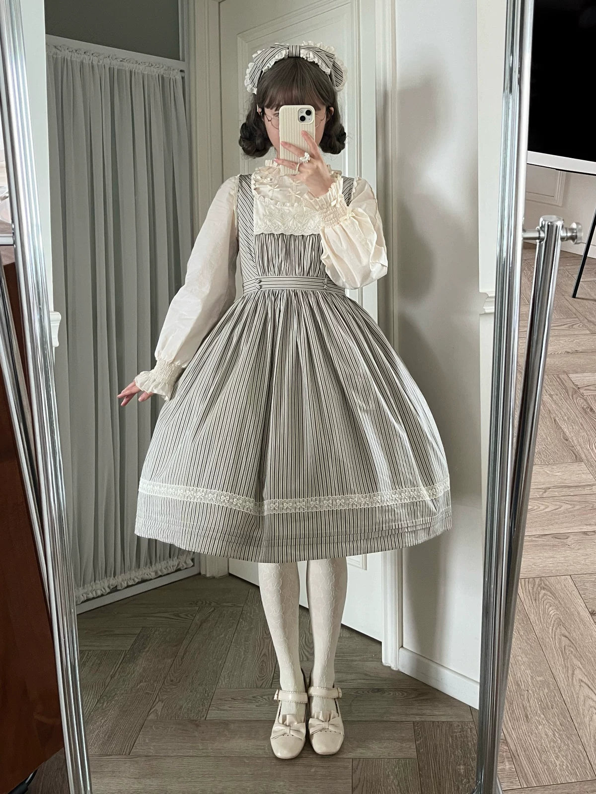 Stripe Minuet - Classic Lolita Striped JSK Dress, Embroidered Neckline 45317:844823