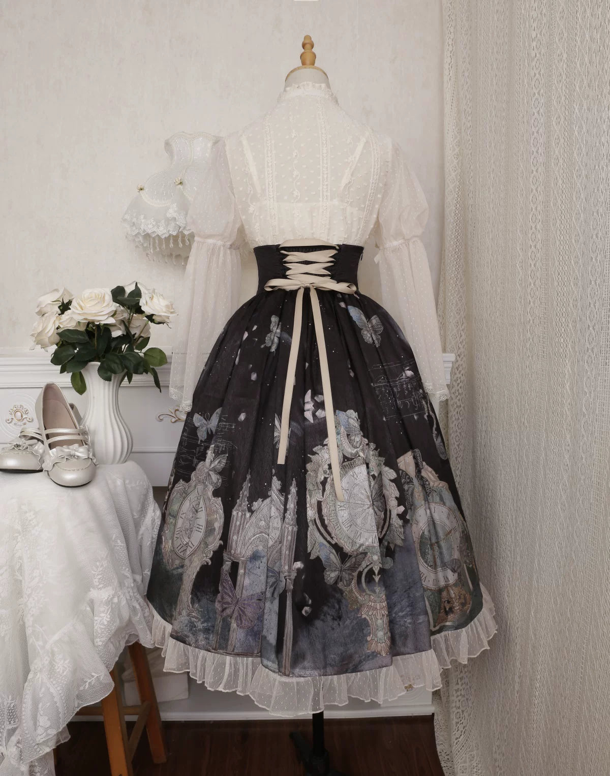 Clock Butterfly - Gothic Lolita Printed Blouse and Corset Skirt Set