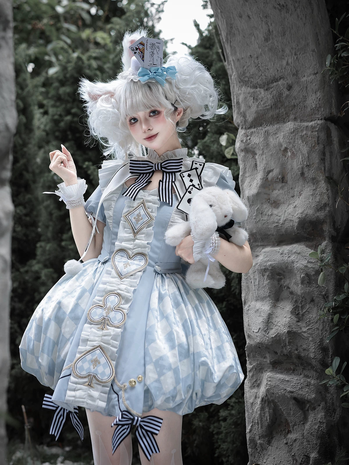 For Alice - Doll-like Lolita Jacquard OP Dress Set, Elastic Bubble Hem 45690:859648