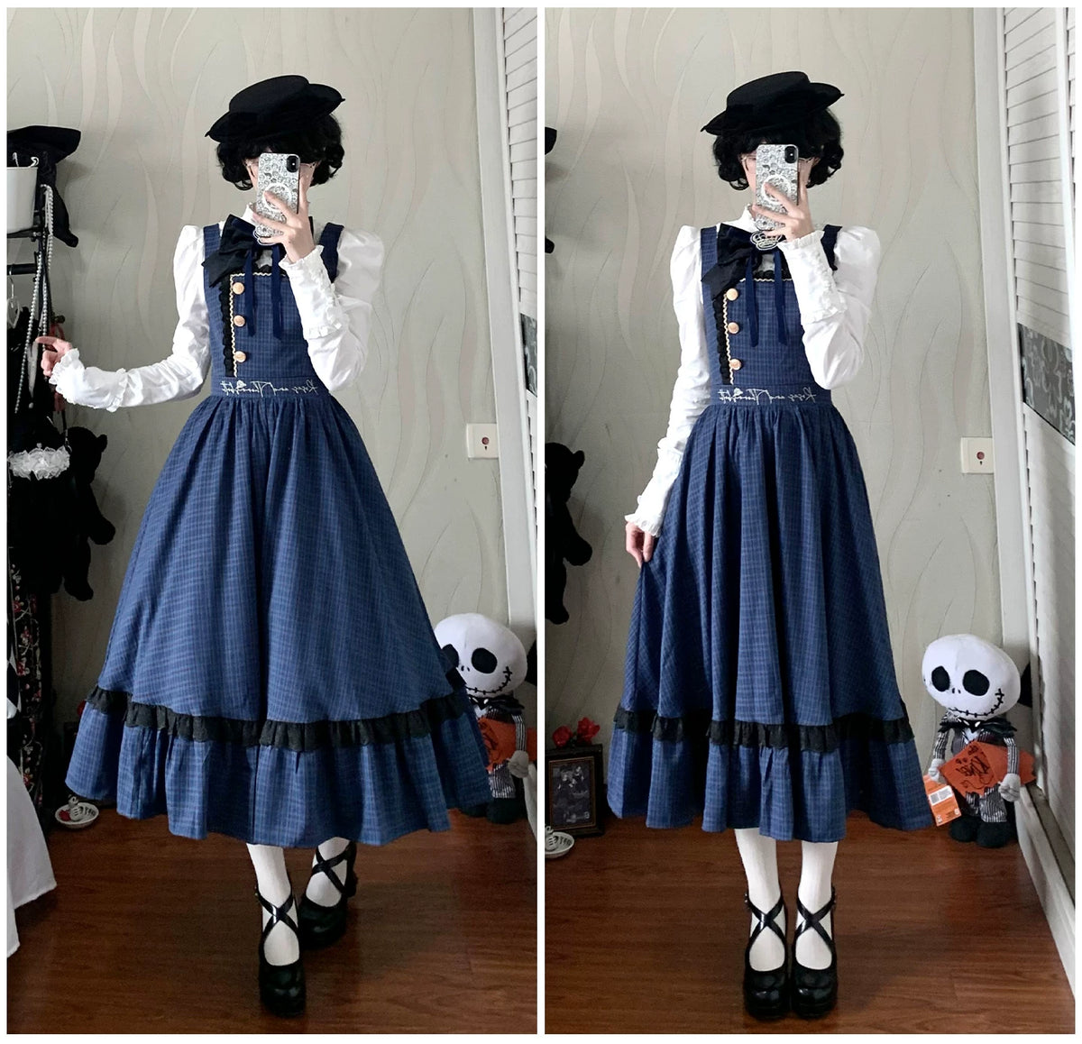 Heide Diary - Classic Lolita Blouse & JSK Dress Set, Blue Plaid