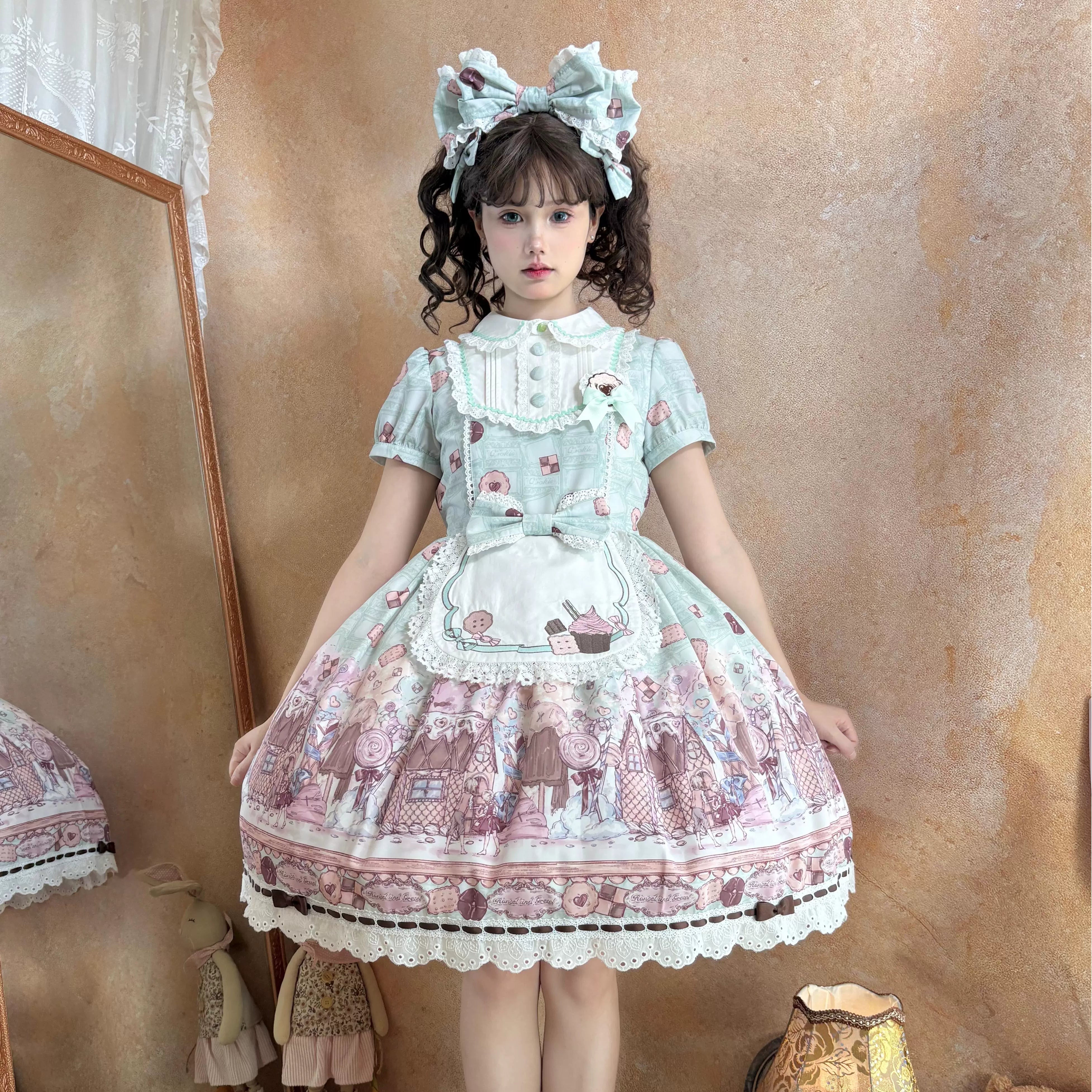 The Story of Frosting Town - Kawaii Lolita Print Dress, Detachable Apron 44387:806541