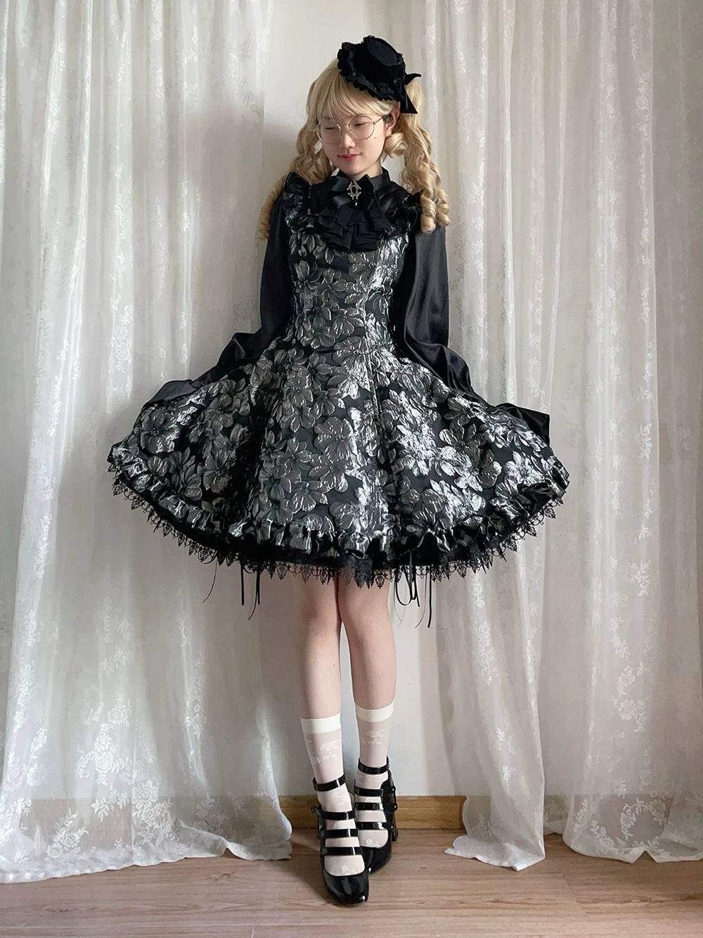Midnight Lily - Gothic Lolita Lily Jacquard JSK Dress, Drawstring Lift-up Hem 45765:861835