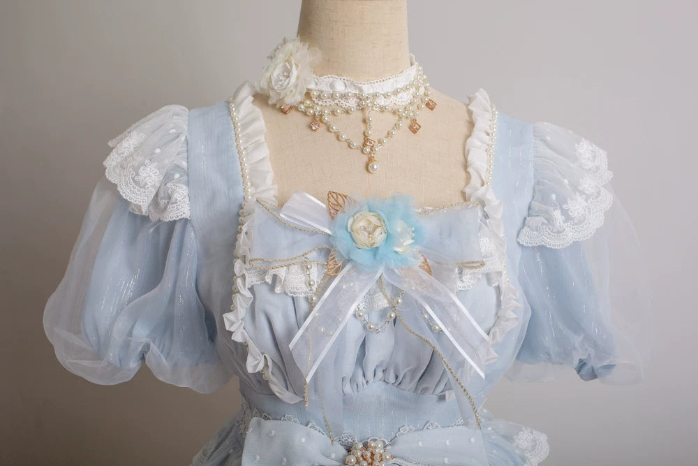 Waltz - Classic Lolita Accessories, Long Mesh Trailing Flower Brooch Only Light Blue