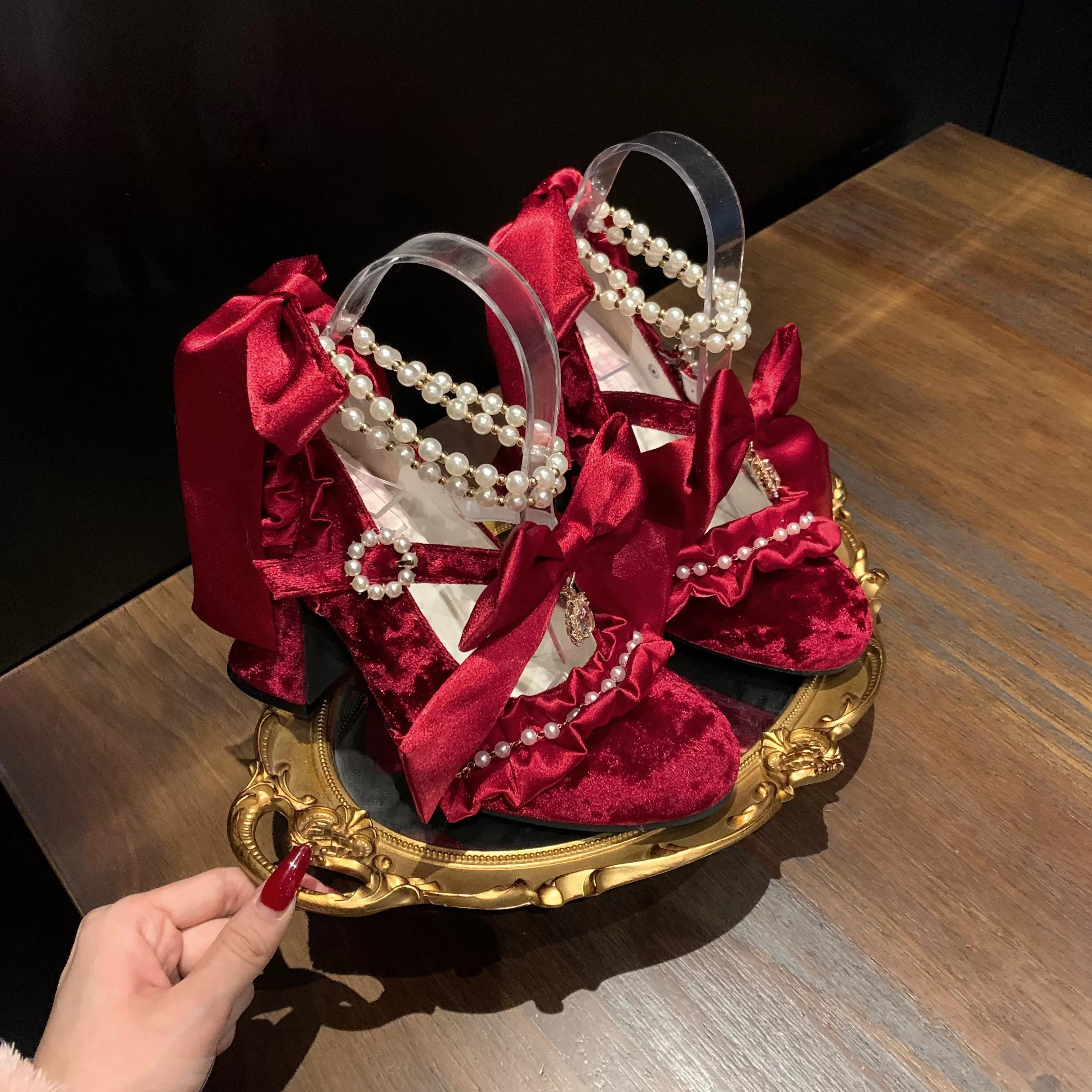 Ribbon Anthem - Gorgeous Classic Lolita Heels, Detachable Bow & Pearl (Burgundy / 34 35 36 37 38 39 40 41) 44639:815880