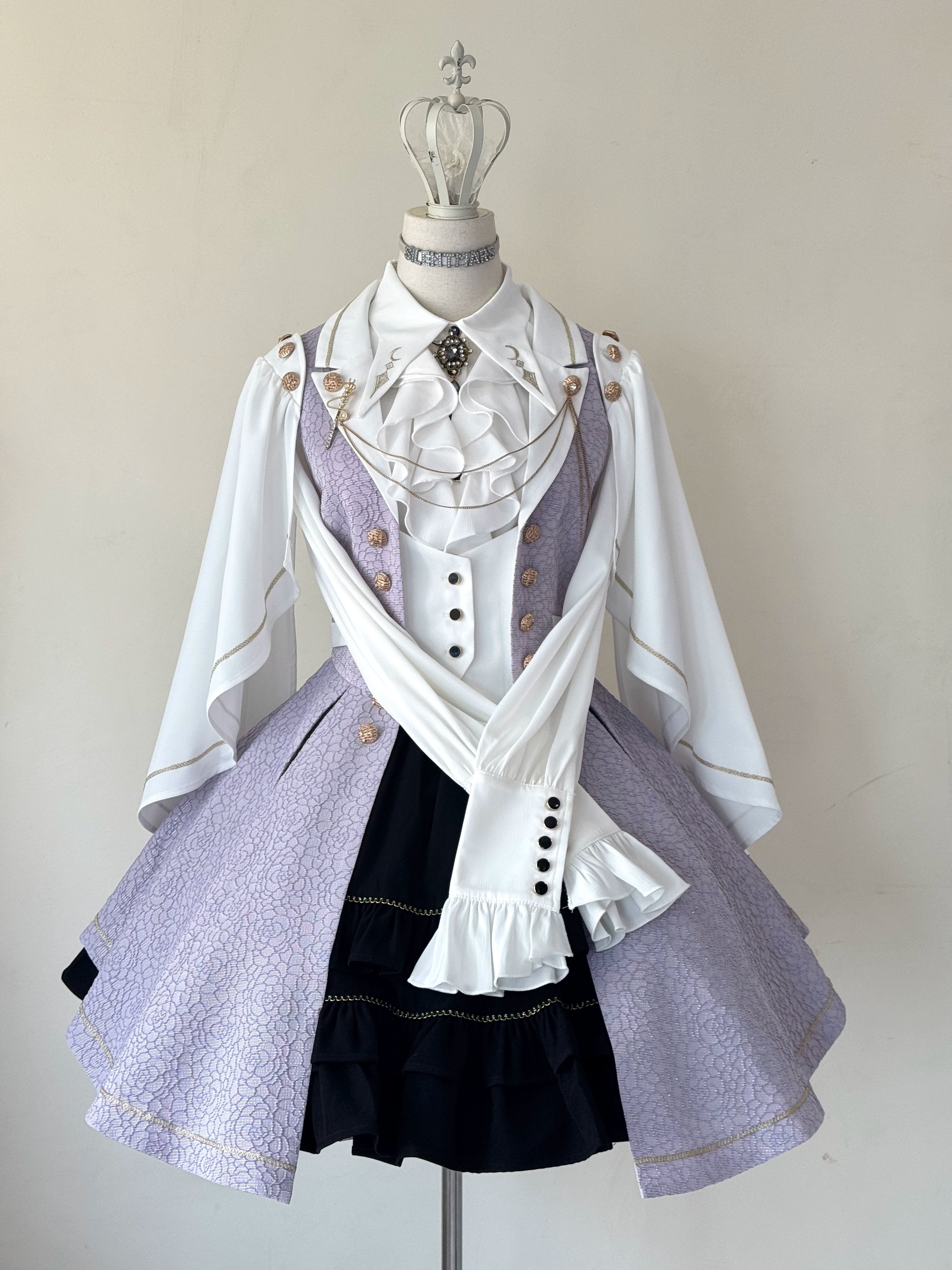 Fallen Moon Code - Retro Military Lolita Capelet-Sleeve Set: Vest, Skirt & Pants Light Purple x White - Vest Coat Only S