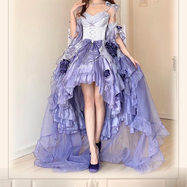 Meowing and Fruity - Swan Wonderland - Fairy Lolita JSK with High-Low Hem Mist Purple - Large Set (JSK+detachable sleeves+trailing set) S