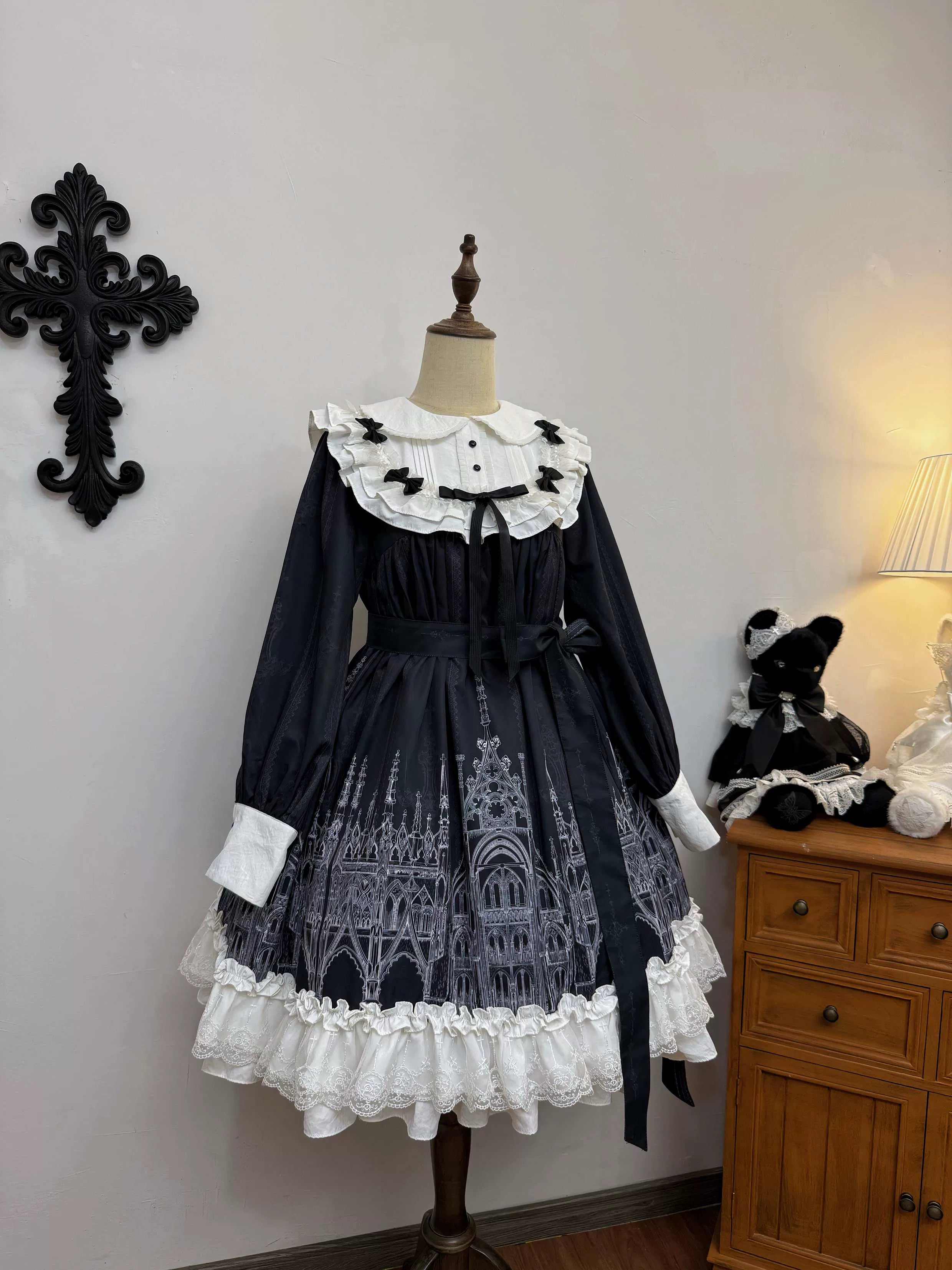 Silent Spire - Gothic Lolita Cathedral Print JSK & OP Dress Set, Side Pockets 45921:868194