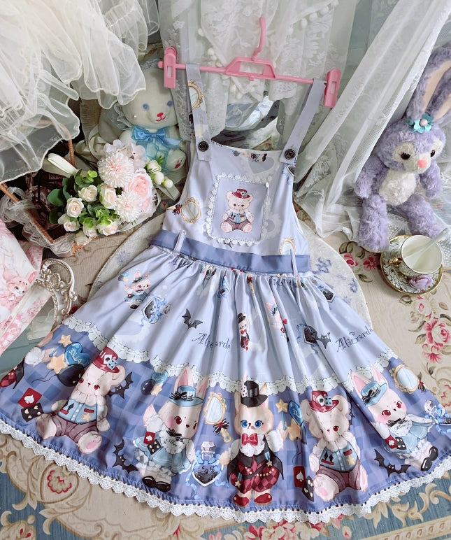 Night Never Sleeps - Bunny Meow Bear - Kawaii Lolita Salopette Bear Print Dress Gray-Blue Salopette Only S