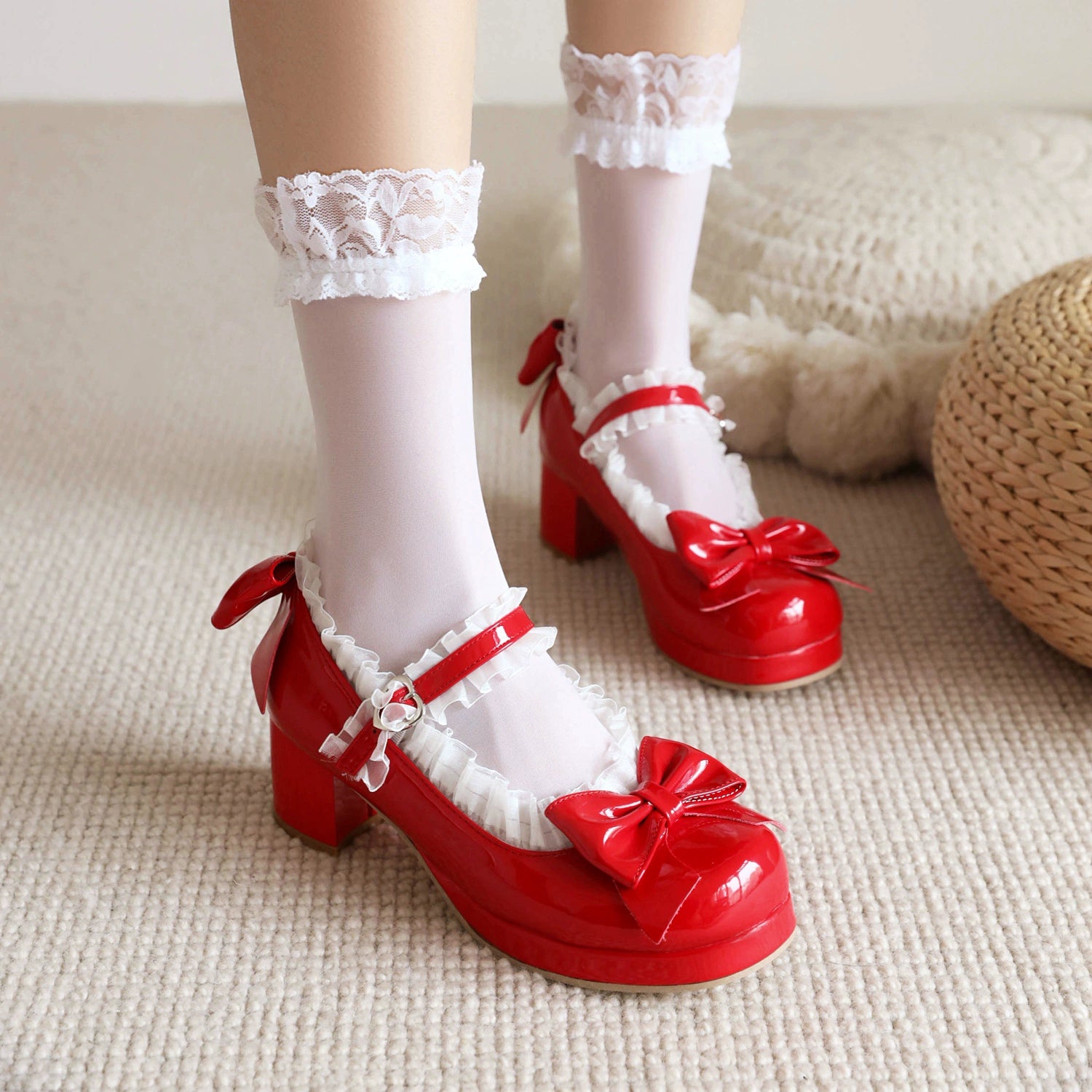 Yana - Rainbow Yana - Sweet Lolita Shoes, Lace & Bow Design Red 36