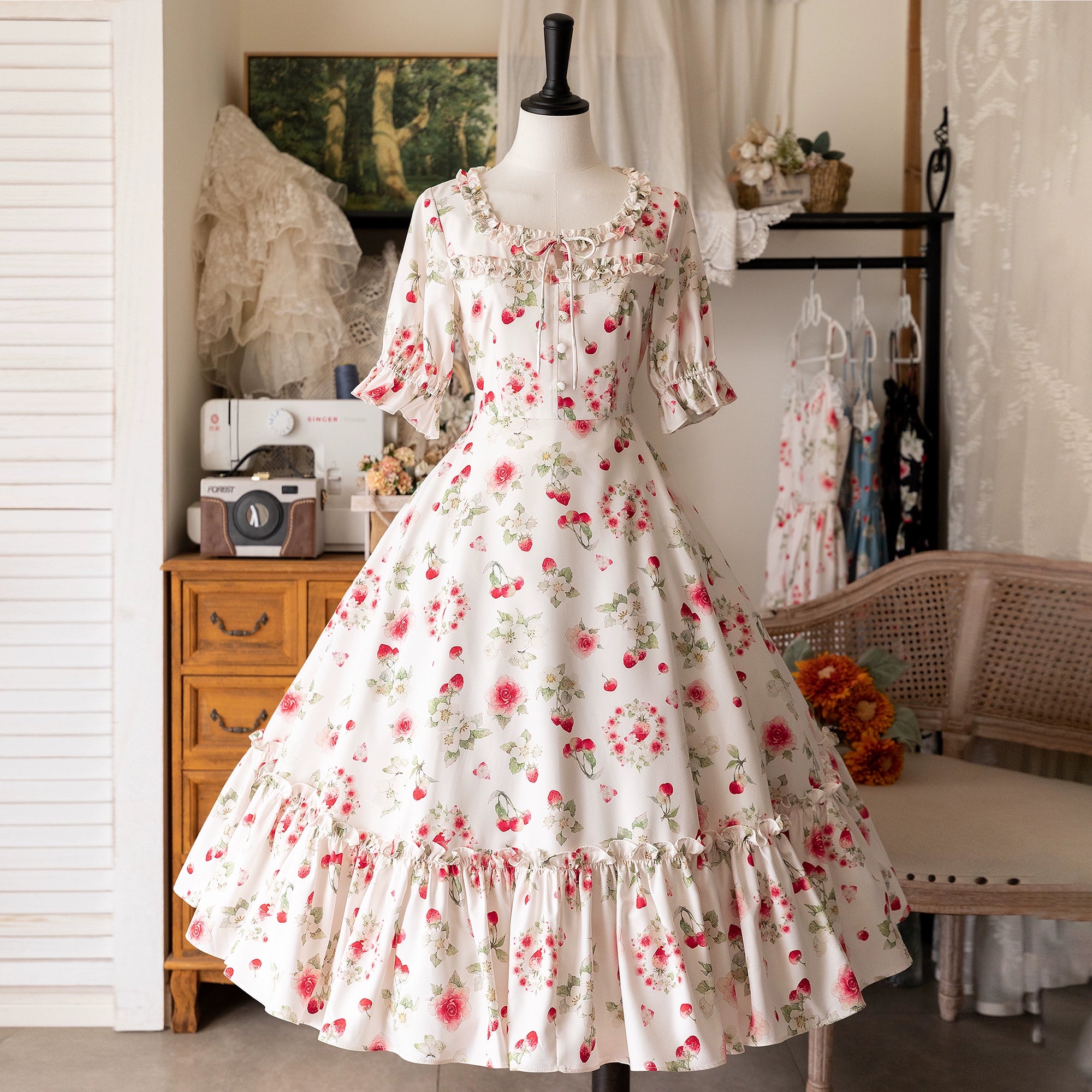 Forest Wardrobe - Summer Berry Picture Book - Vintage Lolita OP Dress Floral Print Short Sleeve Dress