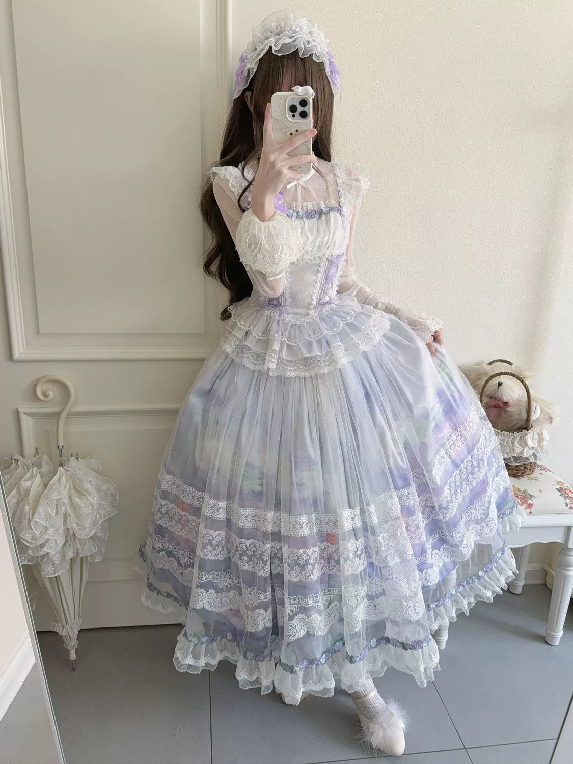 Hanguliang - Foggy Vineyard - Fishbone Classic Lolita Bodice, Maxi Skirt Light Purple - Bodice+Skirt (without accessories) S