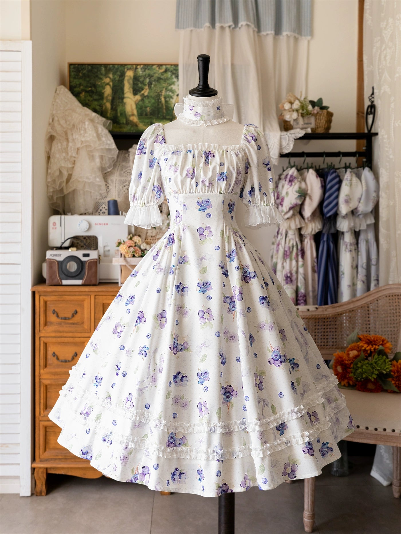 Forest Wardrobe - Forest Basket - Classic Lolita OP Dress Floral Print S Blueberry