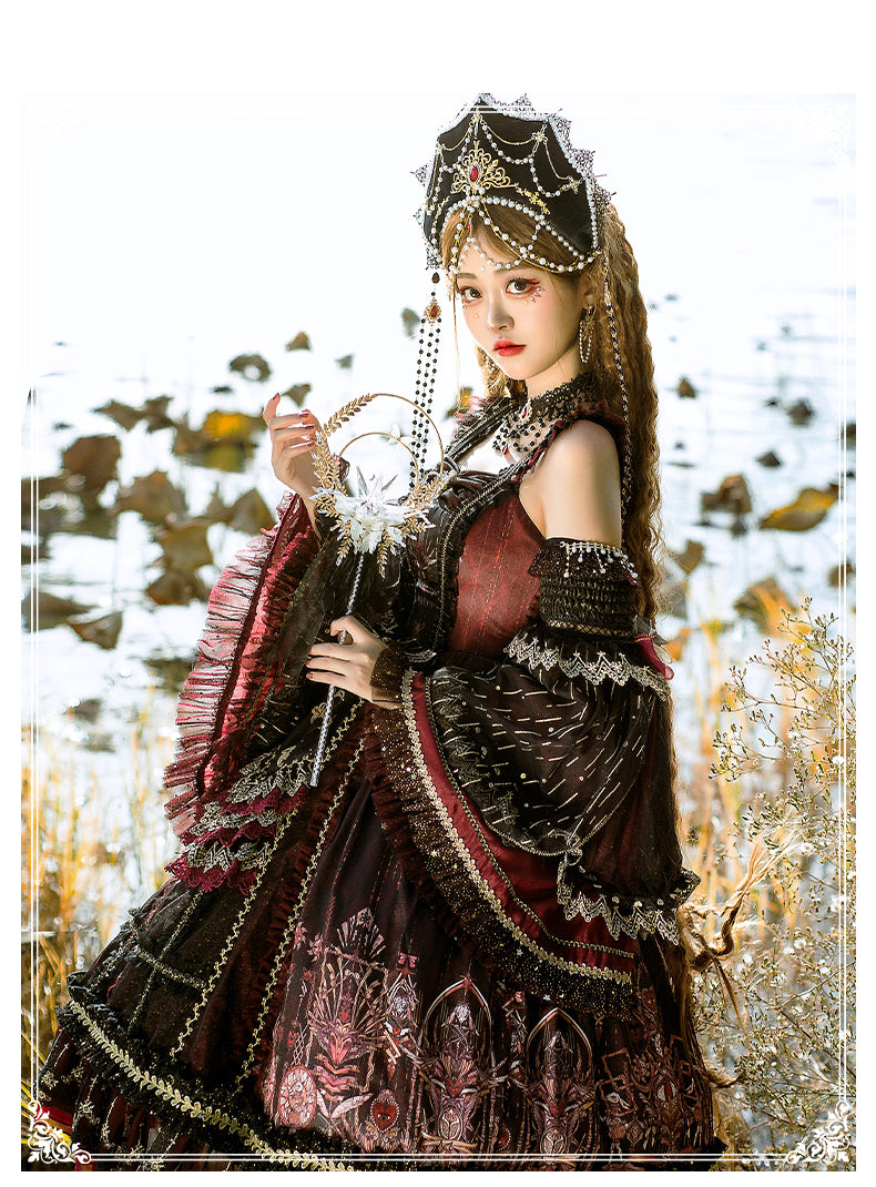 YingLuoFu - Black Red Retro Palace Elgant Classical Lolita JSK