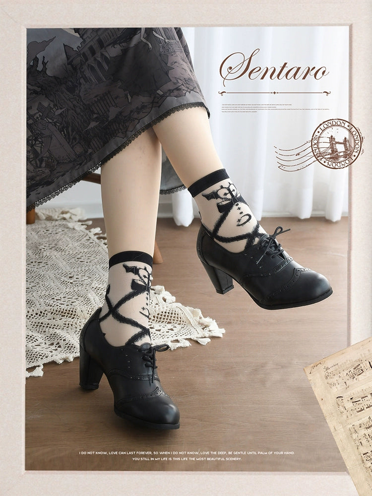 Sentaro - Retro Lolita Heel Shoes Handmade Perforated Strap Leather Shoes 35 black mid heel