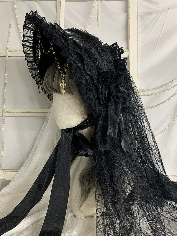 Sweet Jelly Lolita - Goth Lolita Bornet Elegant BNT Headdress Bonnet + Detachable Double-layer Veil