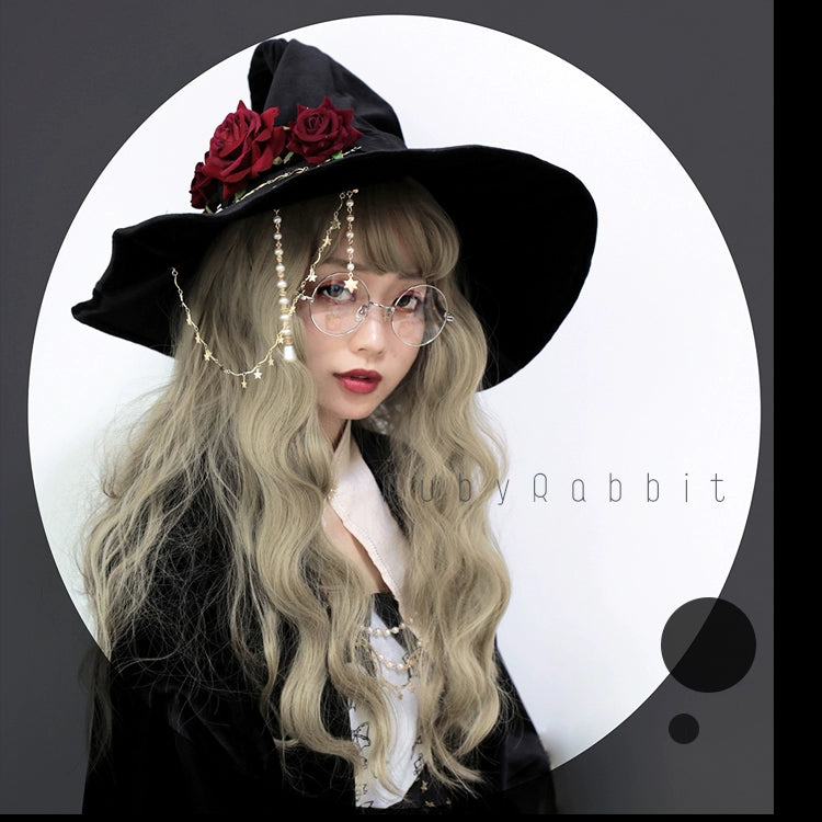 Ruby Rabbit - Gothic Lolita Witch Hat Velvet Halloween Hat Wide Brim Single brim star chain + 2 pearl chains (excluding hat)