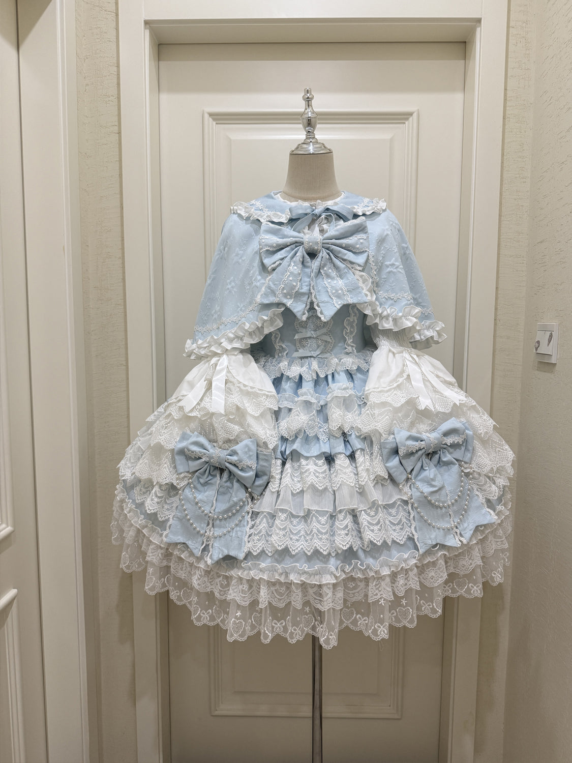 Hanguliang - Cross Heart Knot - Sweet Lolita JSK Suit Tiered Ruffles Dress with Lace Blouse Blue Cape Only (One Size - M) S