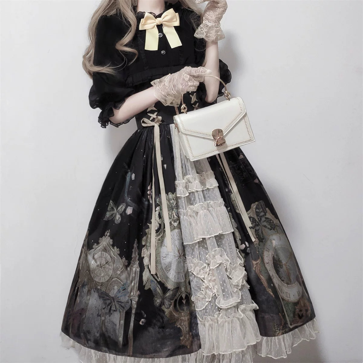 Clock Butterfly - Gothic Lolita Printed Blouse and Corset Skirt Set